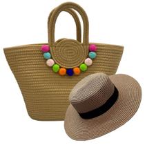 Kit Bolsa De Praia Pompom Colorido E Chapéu Paris Combinando