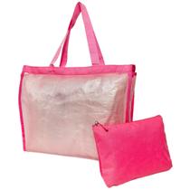 Kit Bolsa De Praia Rosa Claro Feminina Com Necessaire Piscina Verão Viagem Sacola