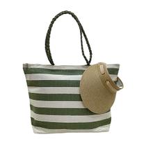 Kit Bolsa de Praia Verde e Viseira Listrada Verão Piscina Viagem Viajar Moda Linda