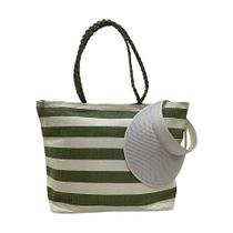 Kit Bolsa de Praia Verde e Viseira Listrada Verão Piscina Viagem Viajar Moda Linda