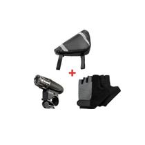 Kit bolsa de quadro ciclismo lanterna led e luva ciclismo m