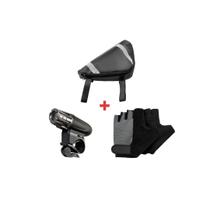Kit bolsa de quadro ciclista e lanterna e luva cilismo p