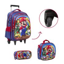 Kit Bolsa Escolar De Rodinhas Super Mario Personagens Azul