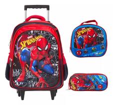 Kit Bolsa Escolar Masculina Rodinha Homem Aranha Alto Relevo