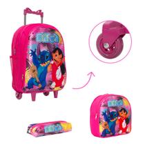 Kit Bolsa Escolar Menina Lilo & Stitch Carrinho Cor Rosa