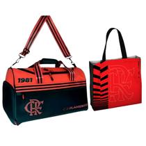Kit Bolsa Esportiva Flamengo C/ Bolso Para Sapato e Alça Transversal + Sacola Reciclável Suporta Até 15 Kg Resistente Clio