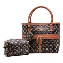 Kit Bolsa Estampada Marrom e Preto Porta Moedas E Nécessarie