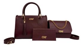 Kit Bolsa Feminina 3 Peças: Média, Tira Colo + Carte - Bordô
