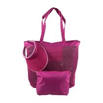 Kit Bolsa Feminina e Viseira com Necessaire Rosa Pink Emborrachada Praia Telada