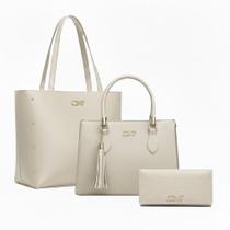 Kit Bolsa Feminina Sacola De Ombro Transversal De Mão E Carteira Cor:Marfim