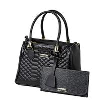 Kit Bolsa Feminina Texturizado Transversal com Alça de Mão + Carteira de Mão Preta