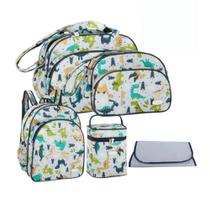 Kit Bolsa G + Bolsa P + Mochila G + Porta mamadeira e Trocador Maternidade Dinossauro