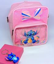 Kit Bolsa infantil Menina Disney Lilo Stitch Mochila com Bolso Zíper + Chaveiro Boneco Miniatura Stitch 3D Tendência