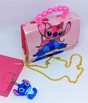 Kit Bolsa Infantil Menina Mini Bag Disney Lilo Stitch Alça Corrente + Chaveiro com Boneco Miniatura Stitch 3D Blogueira Kit Bolsa Infantil Menina Mini Bag Disney Lilo Stitch Alça Corrente + Chaveiro com Boneco Miniatura Stitch 3D Blogueira
