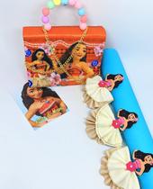 Kit Bolsa Infantil Mini Bag Alça Mão Pérola Princesa Moana Desenho Filme + Presilha de Cabelo Laço Bico de Pato 3D Moana