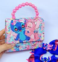 Kit Bolsa Infantil Mini Bag Alça Pérola Personagem Disney Lilo stitch + Laço de cabelo menina Presilha bico de pato