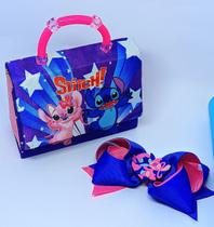 Kit Bolsa Infantil Mini Bag Bolsinha Alça Mão Pérola Desenho Lilo stitch + Laço de cabelo Presilha bico de pato Laçinho
