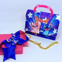 Kit Bolsa Infantil Mini Bag Cute Personagem Disney Lilo e stitch angel Alça + Laço Presilha de Cabelo azul Meninas