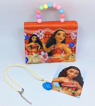 Kit Bolsa Infantil Mini Bag Princesa Moana Filme Alça Mão Pérola + Colar Gargantilha Pingente Oceano azul Presente