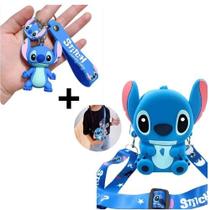 Kit Bolsa Infantil silicone Bolsinha Personagem Stitch Angel Lilo rosa azul Porta Moedas + Chaveiro 3D para Crianças