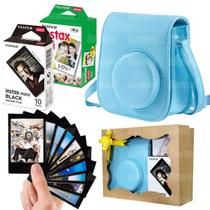 Kit Bolsa Instax Mini Azul Com Caixa De Presente + 20 Fotos + Filme Black