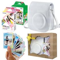 Kit Bolsa Instax Mini Branca Com Caixa De Presente + 20 Fotos + Filme Macaron