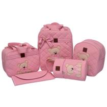 Kit Bolsa Mala Maternidade Menina 5 Peças Mochila Urso Cor Rosa