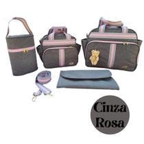 Kit Bolsa Maternidade 4 Peças Cinza Com Rosa Luxo Faixa