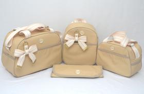 Kit Bolsa Maternidade 4 Peças Menino/Menina Luxo Bege Laço Kit Bolsa Maternidade 4 Peças Menino/Menina Luxo Bege Laço