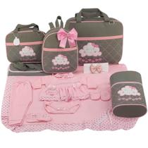 Kit bolsa maternidade 5 peças nuvem cinza c/ rosa + saida maternidade - LET BABY BOLSAS DE MATERNIDADE