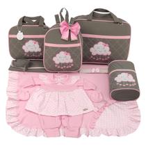 Kit bolsa maternidade 5 peças nuvem cinza c/ rosa + saida maternidade