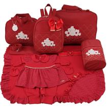 Kit bolsa maternidade 5 peças nuvem vermelha + saida maternidade menina