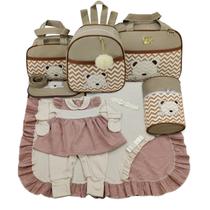 Kit bolsa maternidade 5 peças urso chevron bege + saida maternidade menina