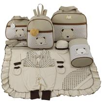 Kit bolsa maternidade 5 peças urso chevron bege + saida maternidade menino - LET BABY BOLSAS DE MATERNIDADE