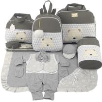 Kit bolsa maternidade 5 peças urso chevron cinza + saída maternidade