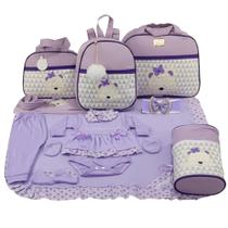 Kit bolsa maternidade 5 peças urso chevron lilás + saída maternidade
