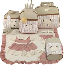Kit bolsa maternidade 5 peças urso chevron menina + saída maternidade - LET BABY BOLSAS DE MATERNIDADE