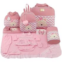 Kit bolsa maternidade 5 peças urso chevron rosa + saída maternidade