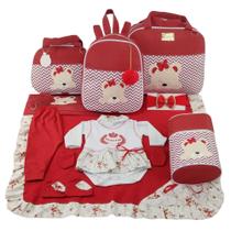 Kit bolsa maternidade 5 peças urso chevron vermelho + saída maternidade