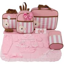 Kit bolsa maternidade 5 peças urso luxo rosa + saida maternidade menina