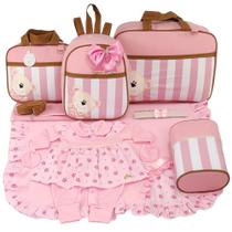 Kit bolsa maternidade 5 peças urso luxo rosa + saida maternidade menina