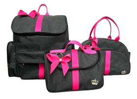 kit Bolsa Maternidade Bebe Mochila Luxo Preta/Pink 3 Bolsas Laço