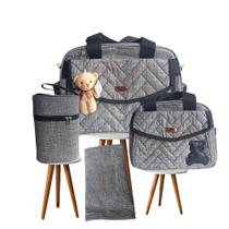 Kit Bolsa Maternidade Cinza com Preto Urso Bebê Nenê Mamãe