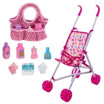 Kit Bolsa Maternidade e Carrinho Dobravel Rosa P/ Bonecas - DM Toys