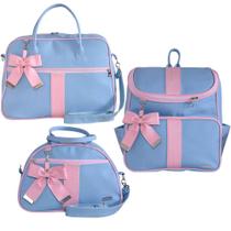 Kit Bolsa Maternidade Laço Charme Rosa e Azul 3 Peças