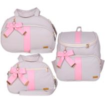 Kit Bolsa Maternidade Laço Luxo Off White e Rosa 3 Peças