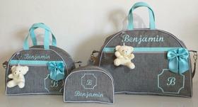 Kit Bolsa Maternidade personalizada três peças cinza com azul ( bolsa grande e media e nécessaire)