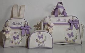Kit Bolsa Maternidade três peças ( bolsa grande, mochila e nécessaire) branco off com lilás