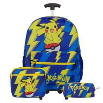 Kit Bolsa Mochila Escolar De Rodinhas Pokémon Azul Tam G