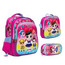 Kit Bolsa Mochila Escolar Feminina Lol 3D Costas Passeio